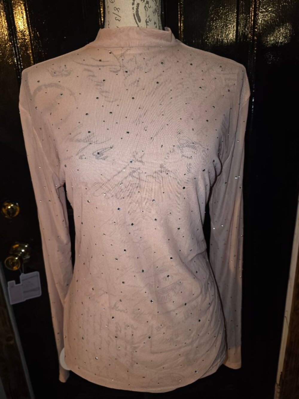 Sheer Pink Long Sleeve Blouse With Rhinestone Accents & Script Print By Avidlove